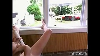 Busty big tit babe fucks pussy in front of window Squirts Hitachi Public Dare