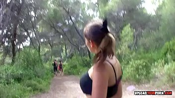 Teasing babe in the woods receives a nice hard pecker into her vagina.