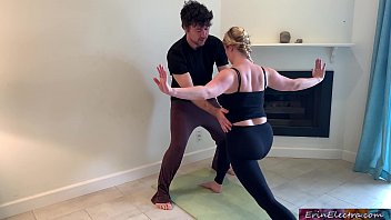 Stepson helps stepmom with yoga and stretches her pussy