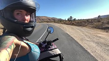 moto bike badass chick felicity rides in a bra outdoors