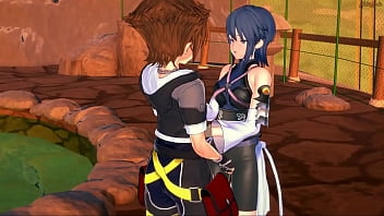 Aqua rides Sora's cock at the hotspring, gets creampied. KH sex.