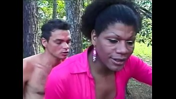 Gorgeous black tranny sucks latin guy's dick then rides it by her asshole outdoor